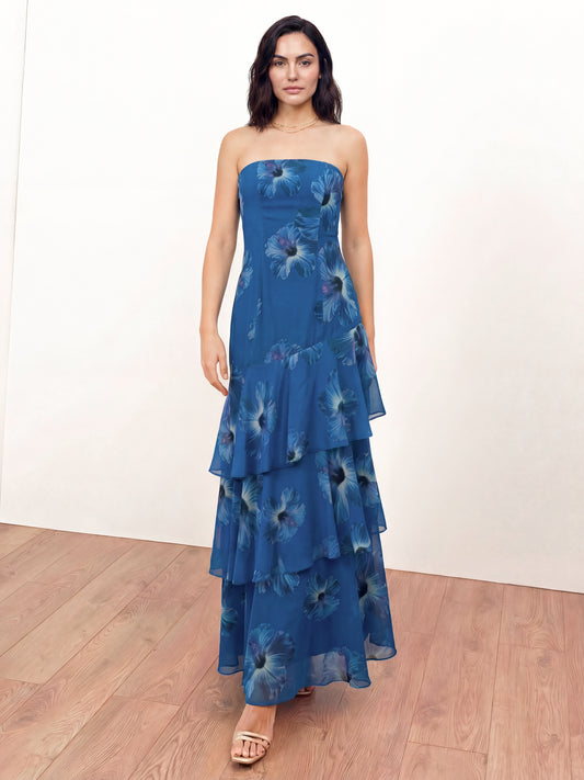 Anaya With Love Recycled Blue Floral Bandeau Ruffled Maxi Dress