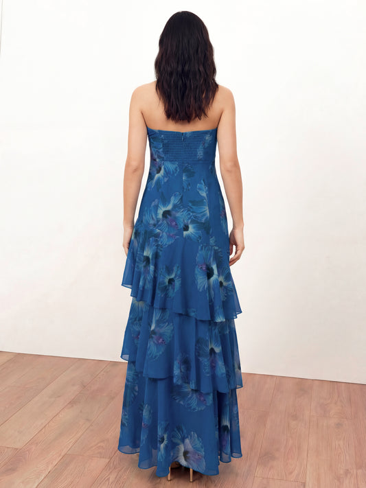 Anaya With Love Recycled Blue Floral Bandeau Ruffled Maxi Dress