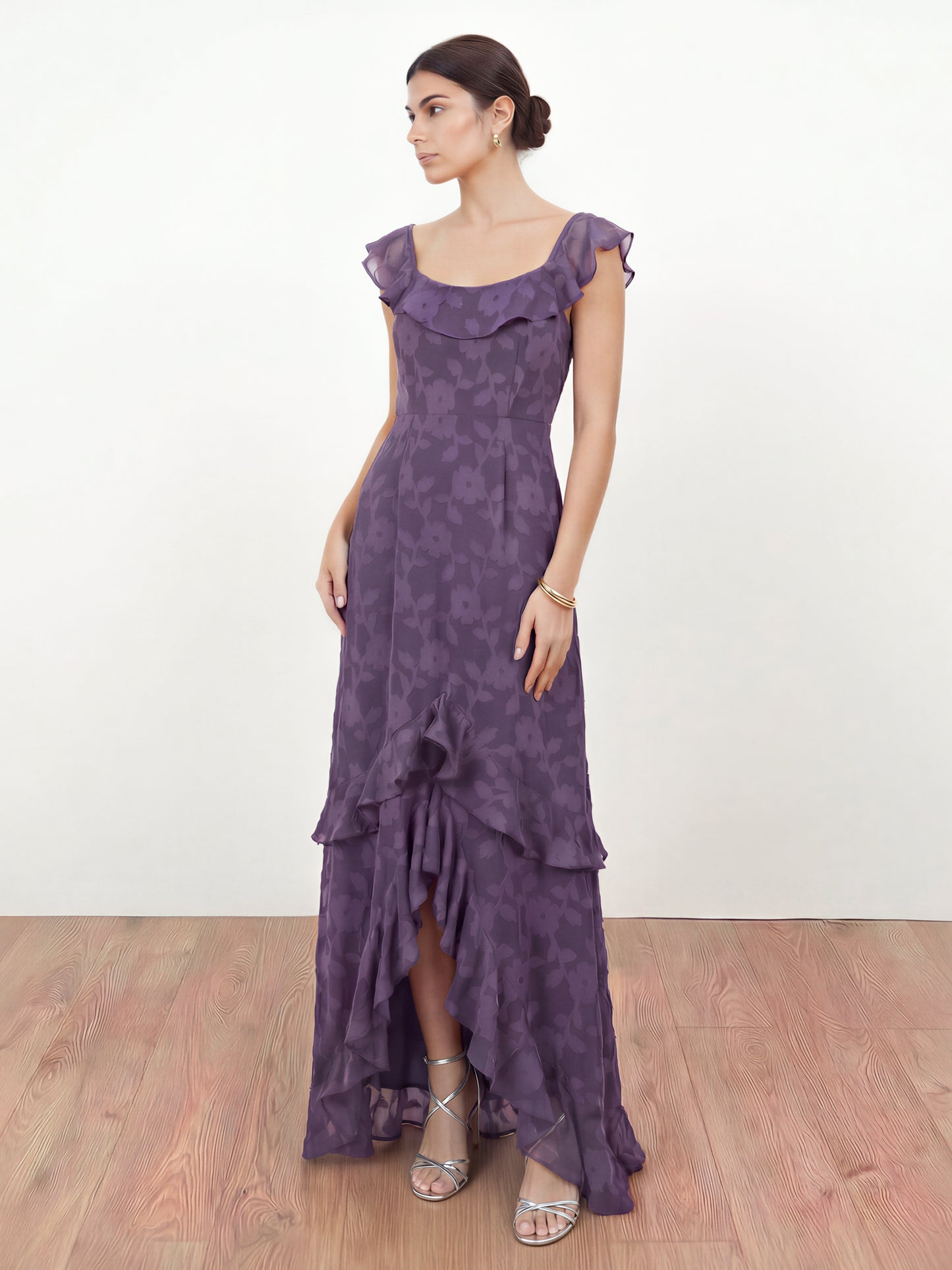 Anaya With Love Recycled Violet Floral Burnout Ruffle Maxi Dress