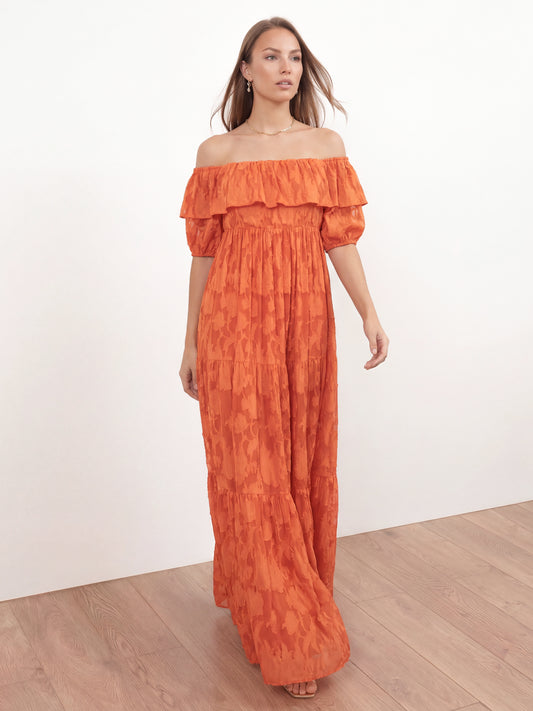 Anaya With Love Recycled Spiced Orange Floral Burnout Bardot Tiered Maxi Dress