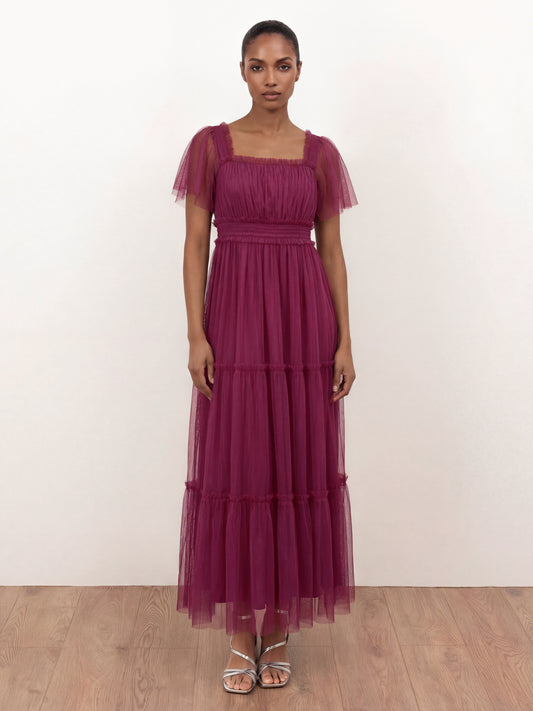 Anaya With Love Recycled Cerise Square Neck Short Sleeve Tulle Midaxi Dress