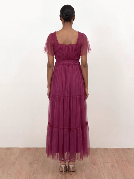 Anaya With Love Recycled Cerise Square Neck Short Sleeve Tulle Midaxi Dress