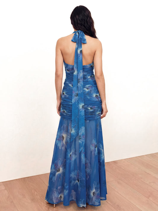 Anaya With Love Recycled Blue Floral Halter Neck Ruched Maxi Dress