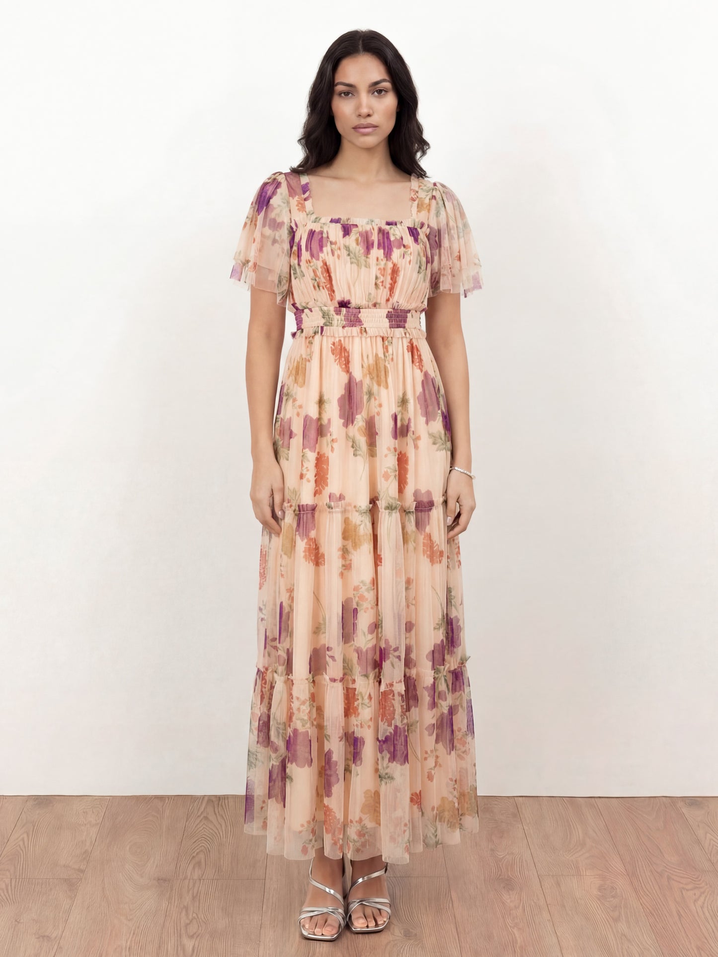 Anaya With Love Recycled Floral Square Neck Short Sleeve Tulle Midaxi Dress