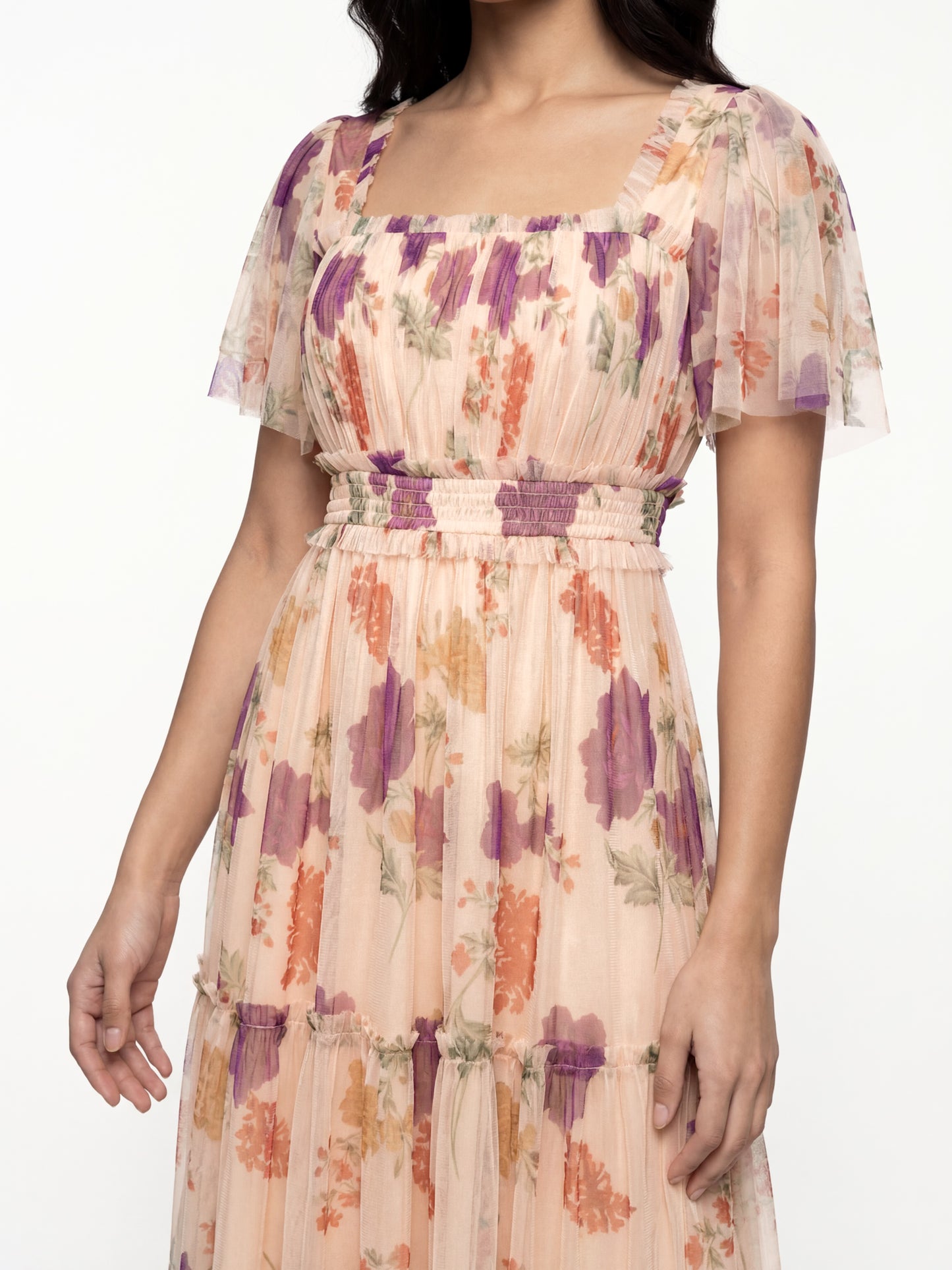 Anaya With Love Recycled Floral Square Neck Short Sleeve Tulle Midaxi Dress