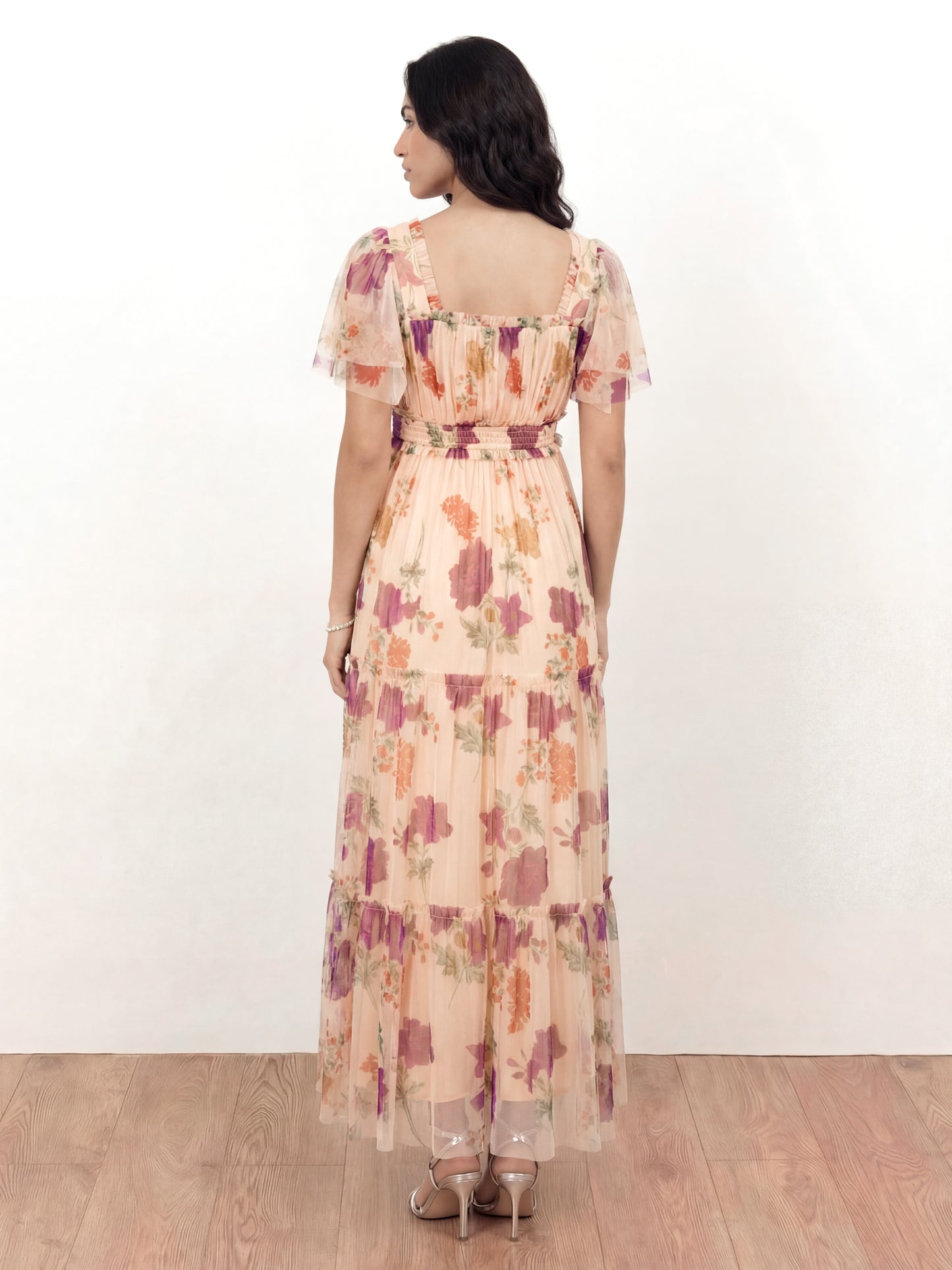 Anaya With Love Recycled Floral Square Neck Short Sleeve Tulle Midaxi Dress