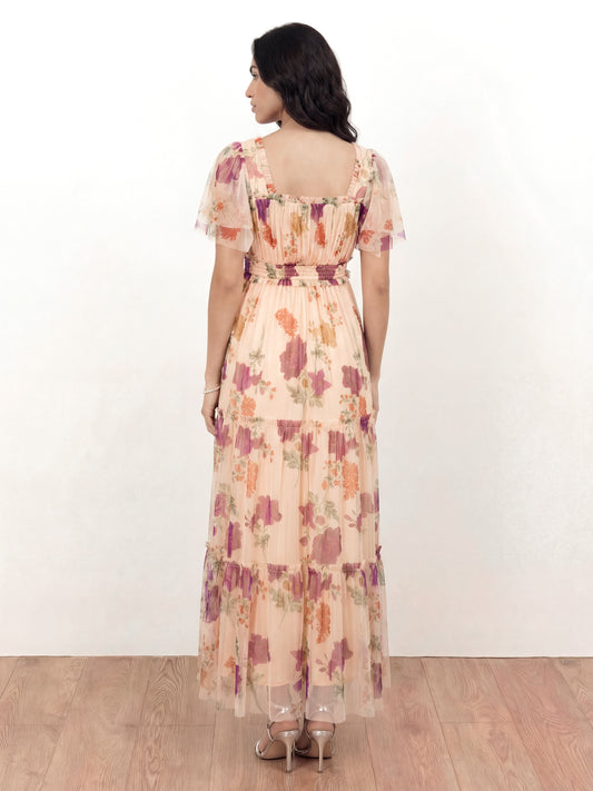 Anaya With Love Recycled Floral Square Neck Short Sleeve Tulle Midaxi Dress