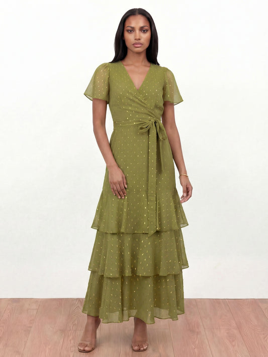 Anaya With Love Recycled Olive Faux Wrap Ruffle Midaxi Dress