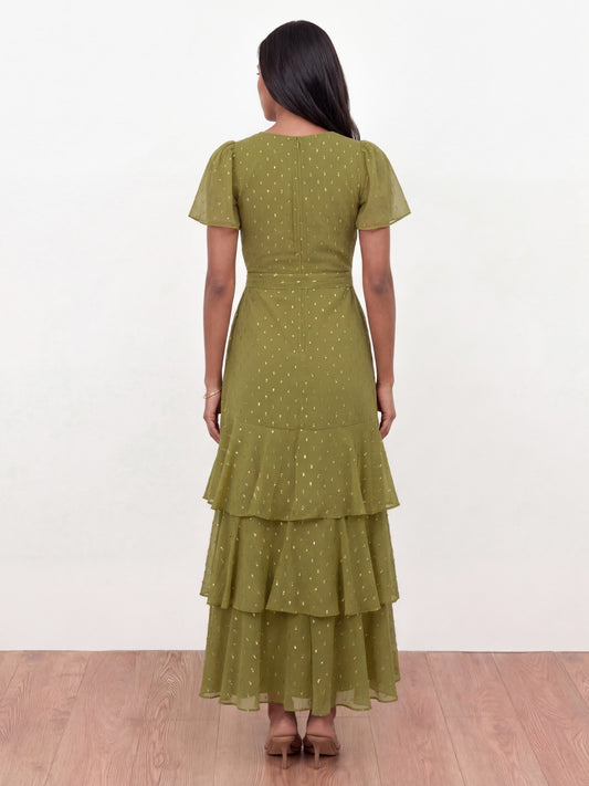 Anaya With Love Recycled Olive Faux Wrap Ruffle Midaxi Dress