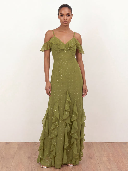 Anaya With Love Recycled Oliva Cold Shoulder Ruffle Maxi Dress