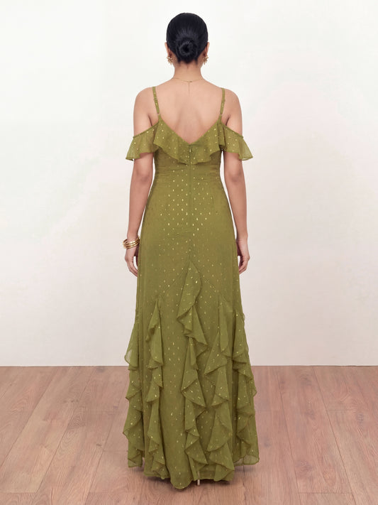 Anaya With Love Recycled Oliva Cold Shoulder Ruffle Maxi Dress