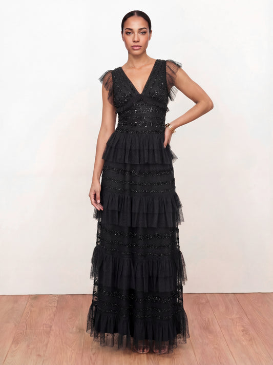 Maya Black Floral Embellished Spot Mesh Maxi Dress – Maya Deluxe