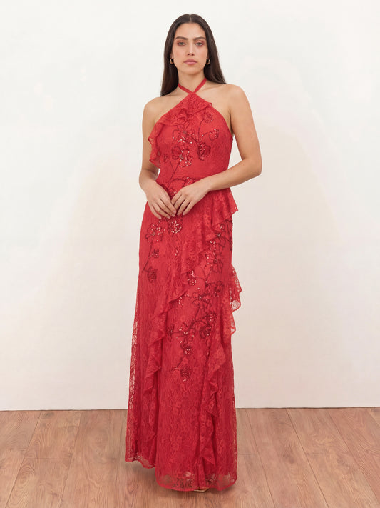 chinese dress ladies Embellished Halter Neck Ruffle Maxi Dress in Red - 10