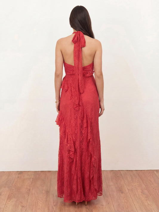 chinese dress ladies TATI RUFFLE MAXI DRESS IN RED  AKIRA