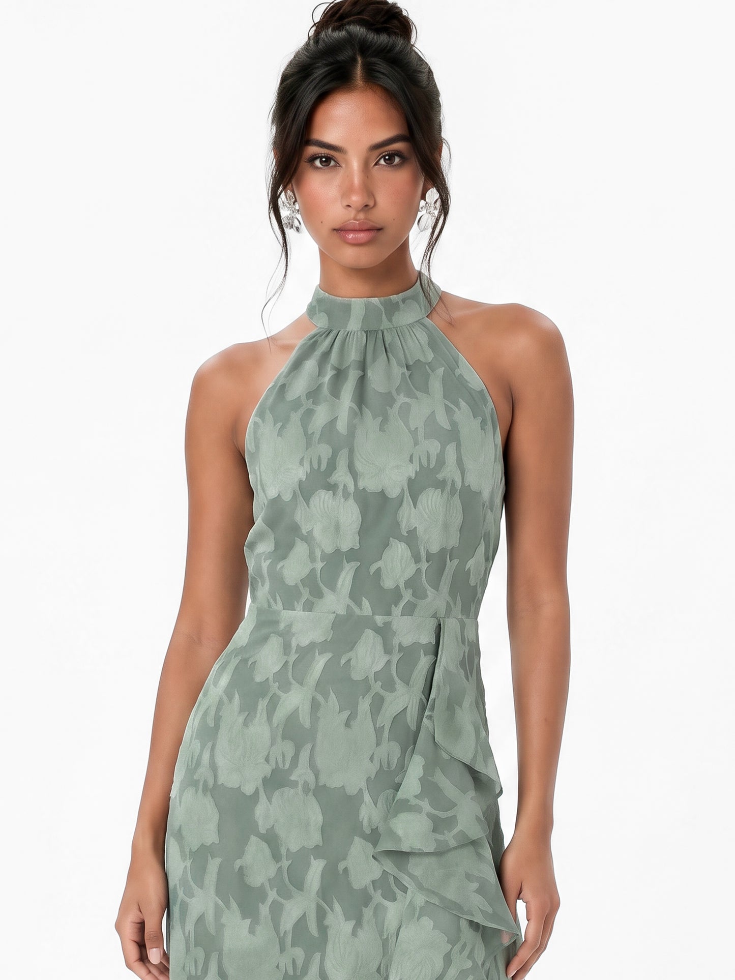 Anaya With Love Recycled Willow Green Halter Neck Ruffle Maxi Dress