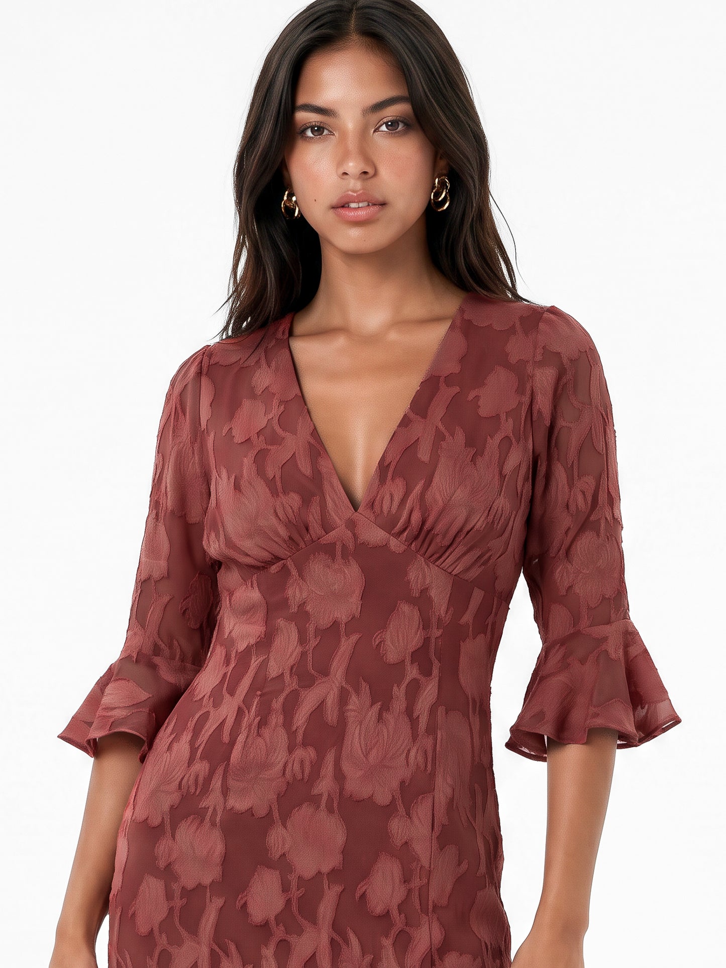 Anaya With Love Recycled Rusted Rose 3/4 Fluted Sleeves Maxi Dress