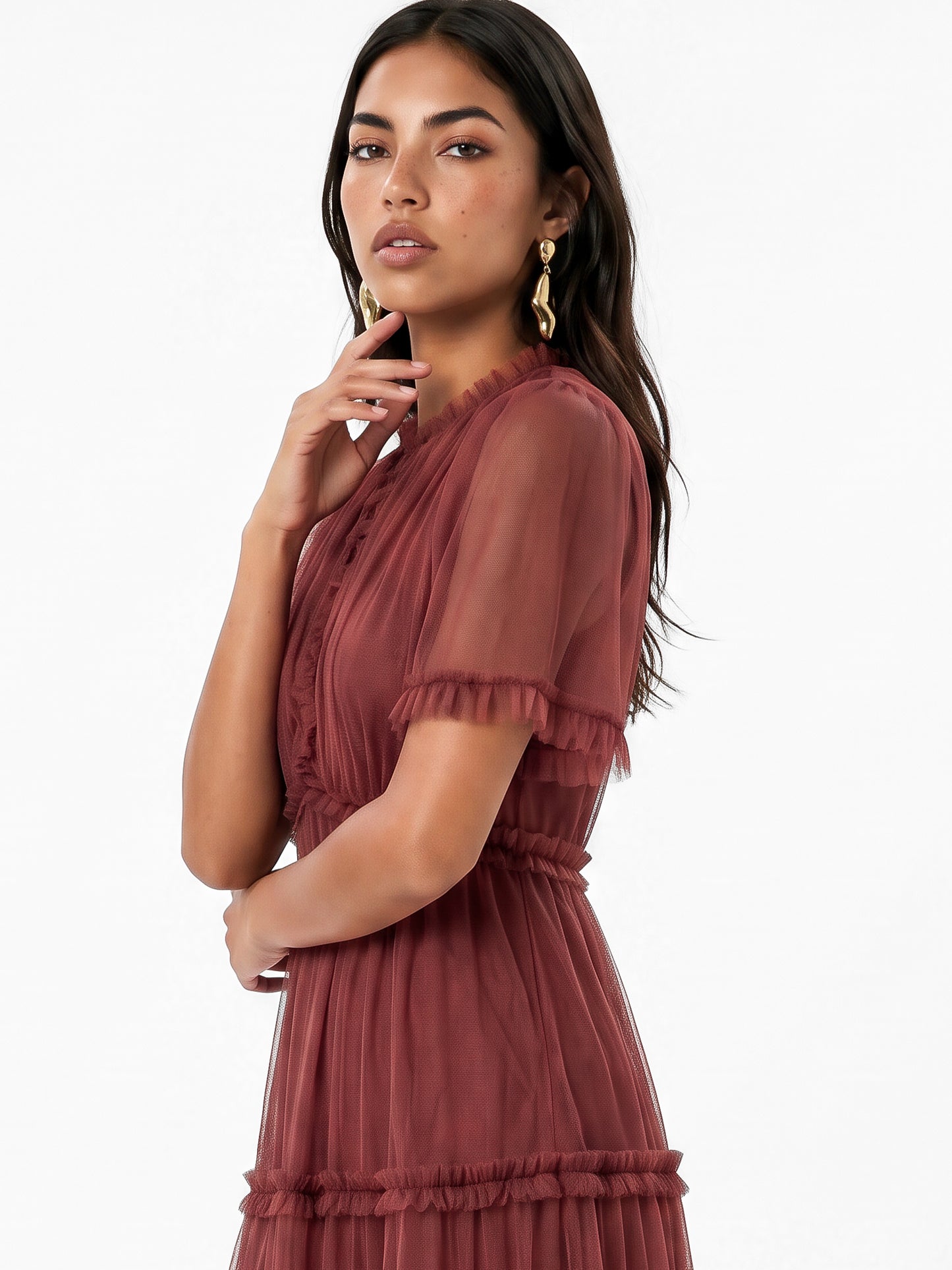 Anaya with Love Rusted Rose Keyhole Detail Short Sleeve Frill Midaxi Dress