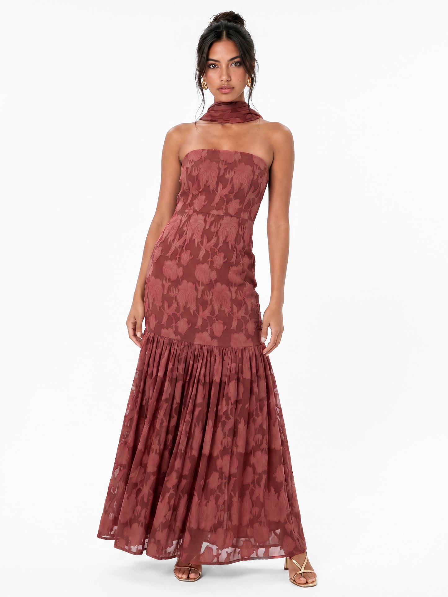 Anaya With Love Recycled Floral Burnout Bandeau Maxi Dress with Scarf
