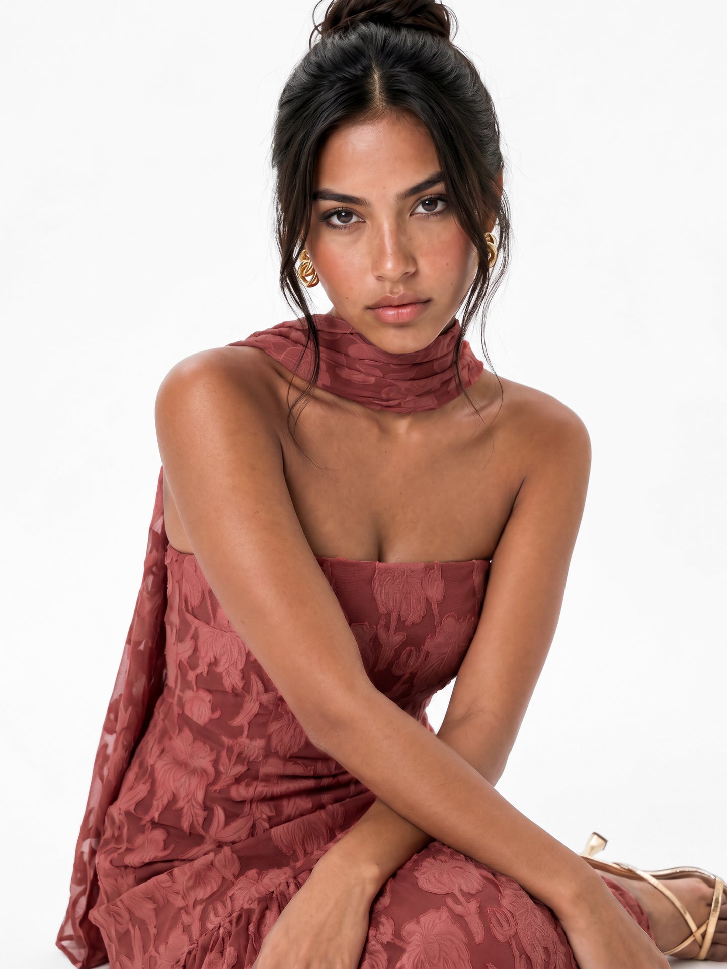Anaya With Love Recycled Floral Burnout Bandeau Maxi Dress with Scarf