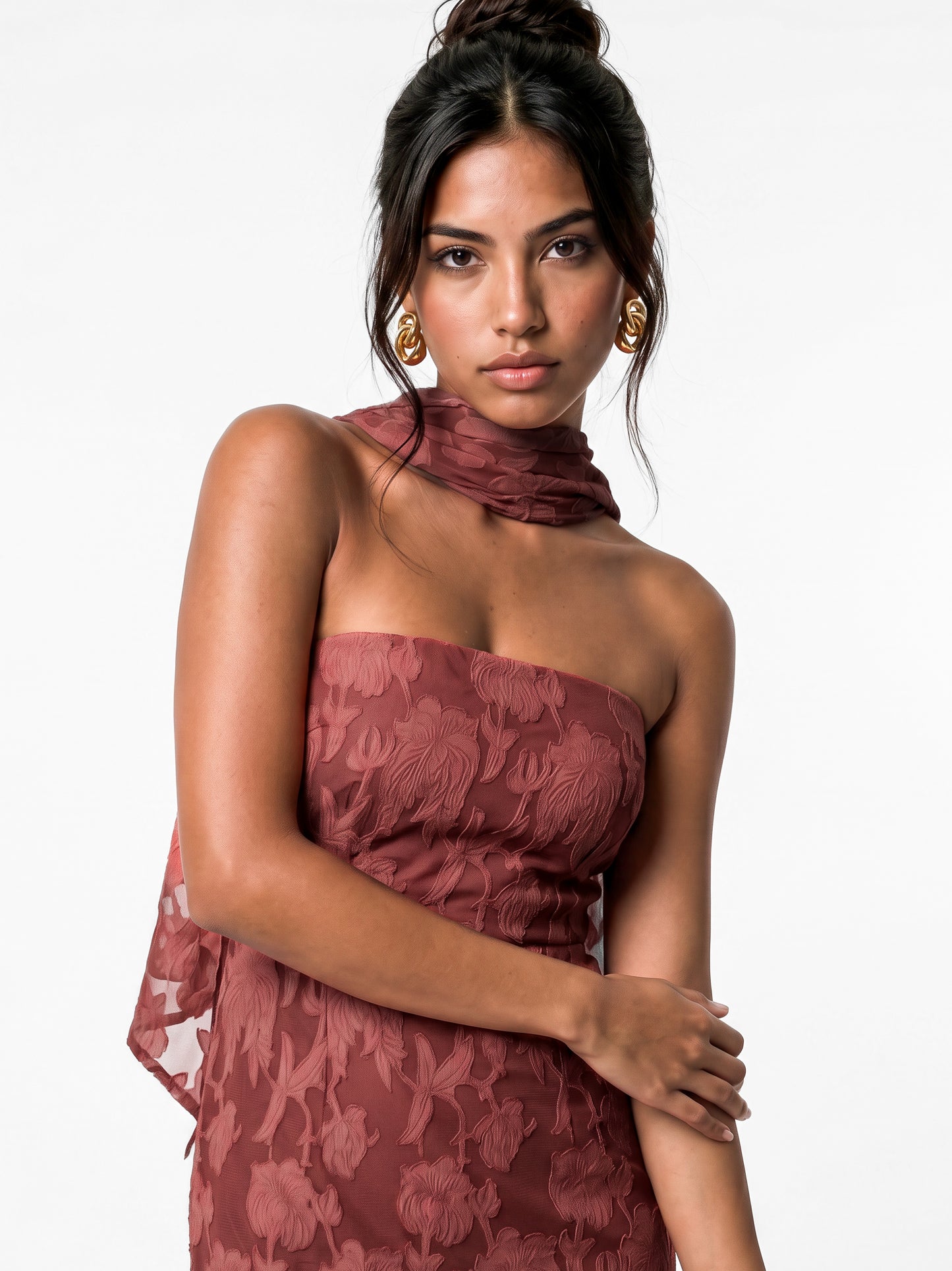 Anaya With Love Recycled Floral Burnout Bandeau Maxi Dress with Scarf