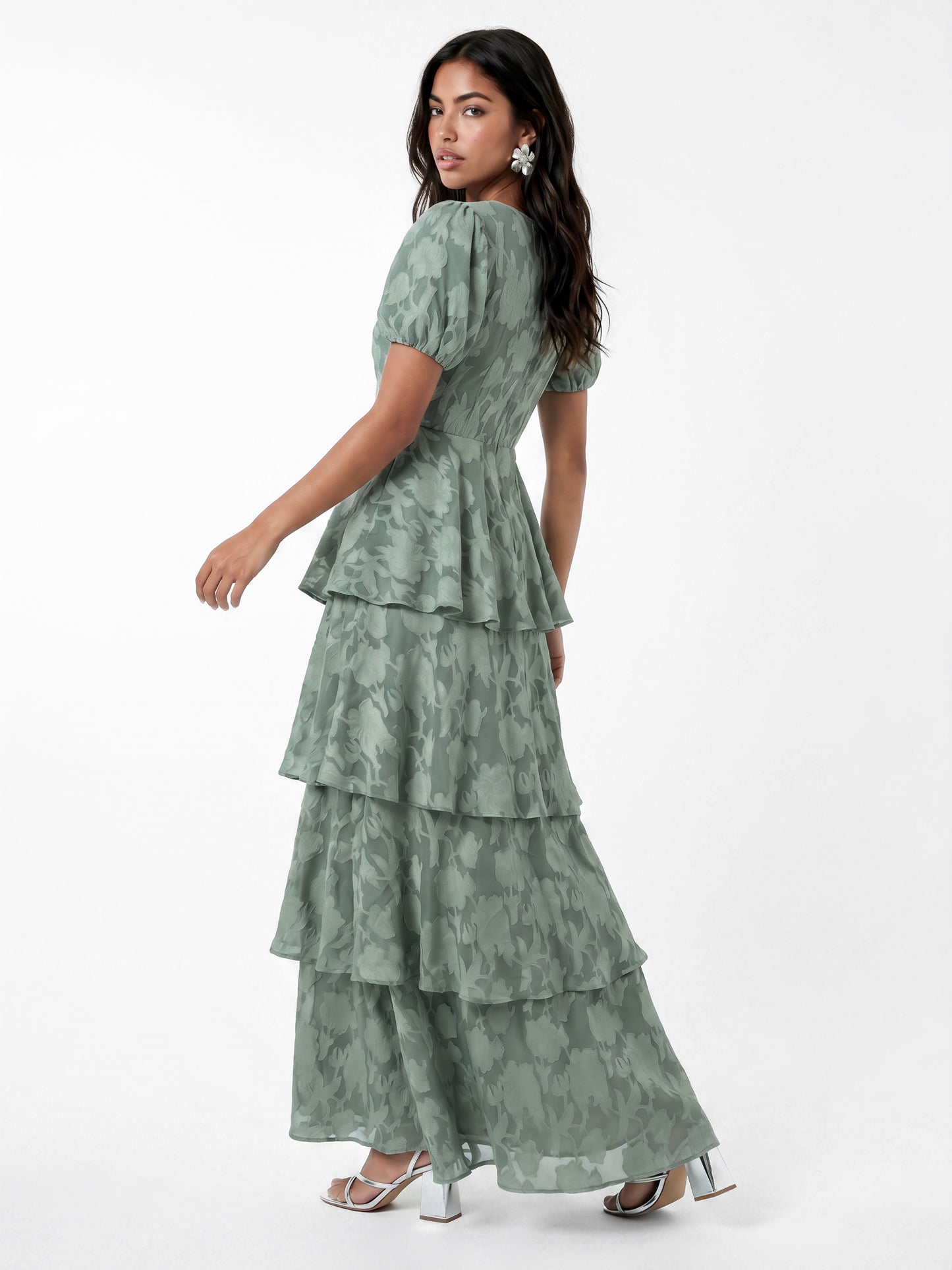 Anaya With Love Recycled Willow Green Floral Burnout Tiered Maxi Dress