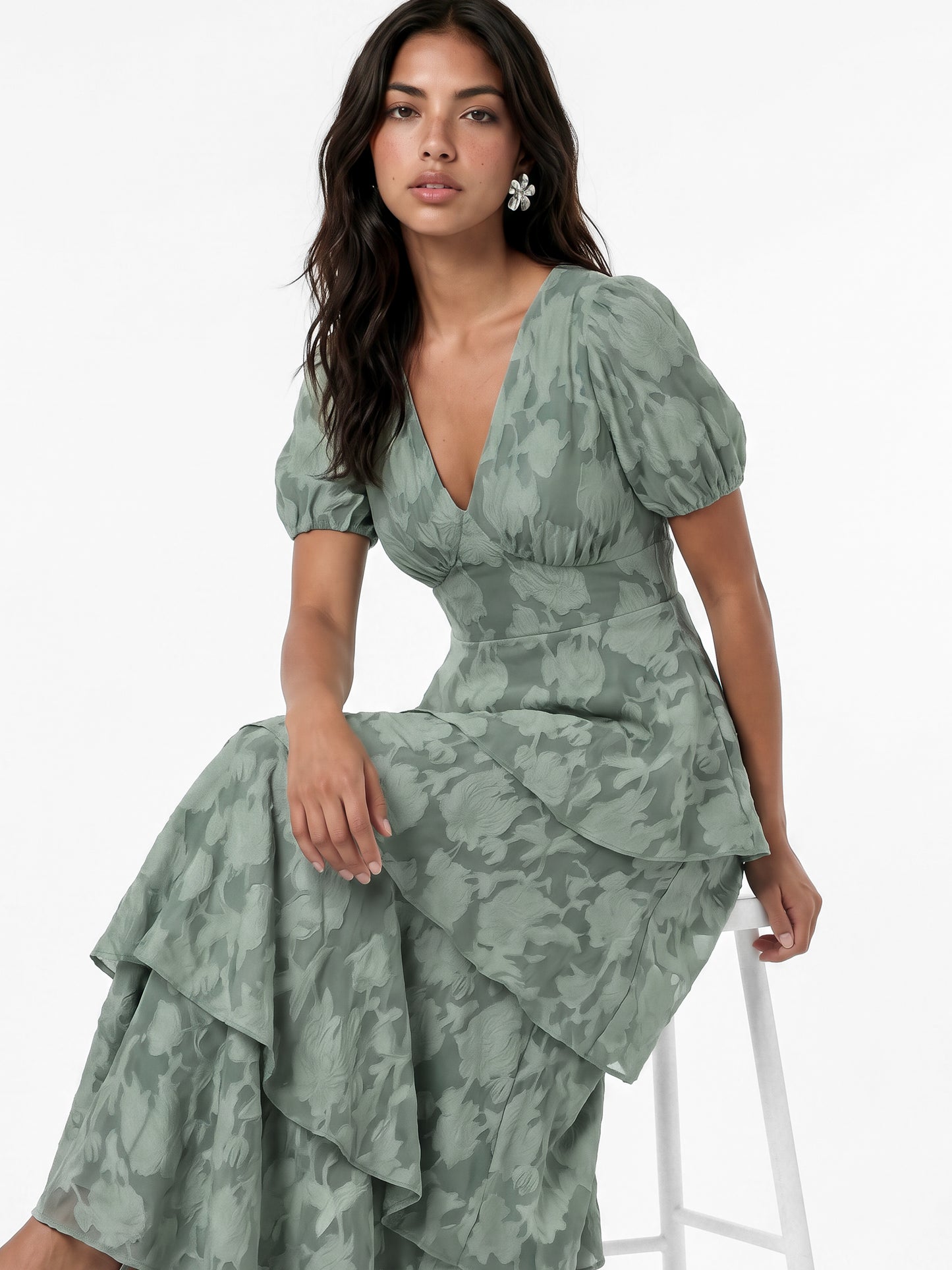 Anaya With Love Recycled Willow Green Floral Burnout Tiered Maxi Dress