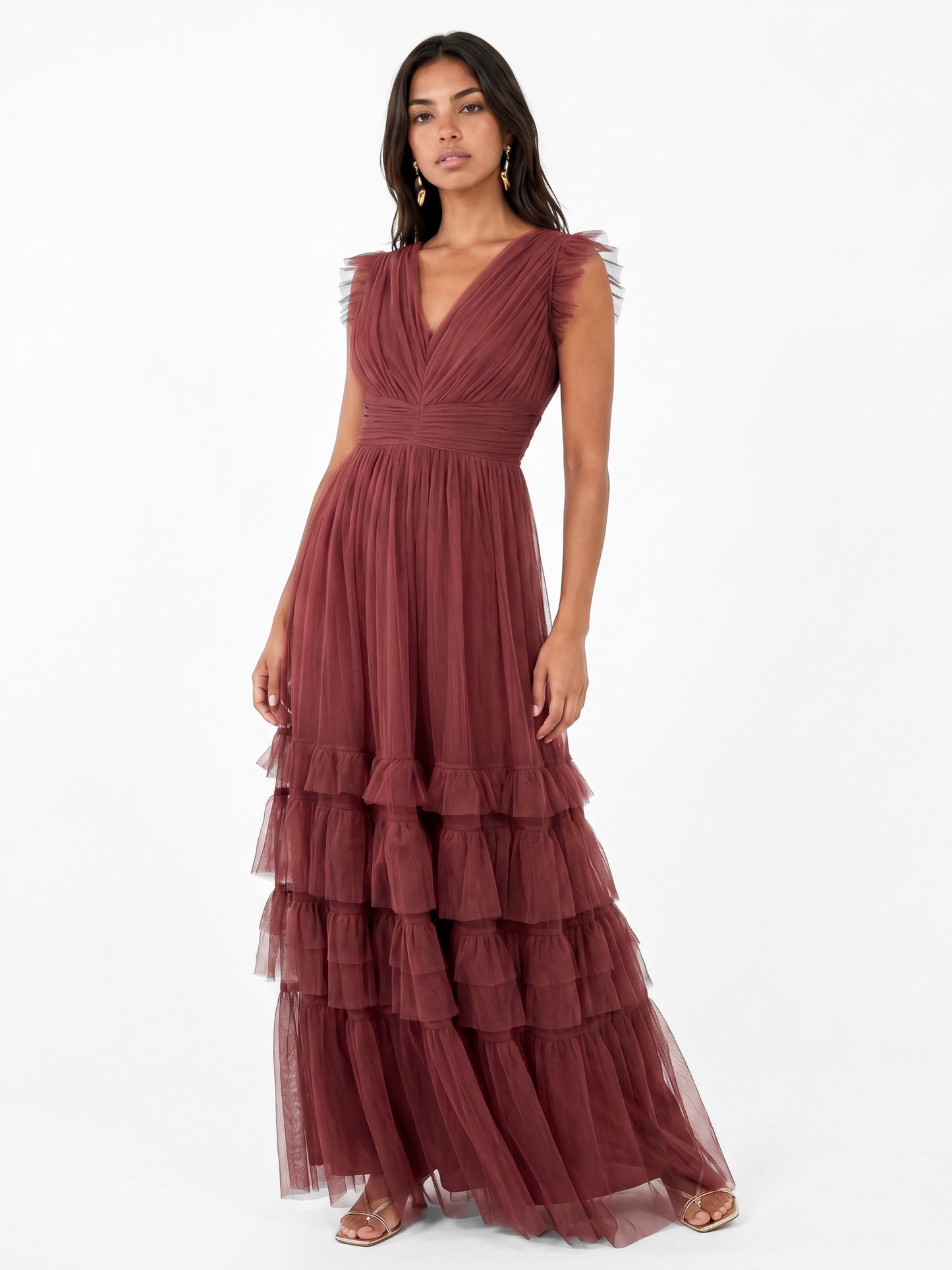 Anaya With Love Recycled Rusted Rose Flutter Sleeve Ruffle Maxi Dress