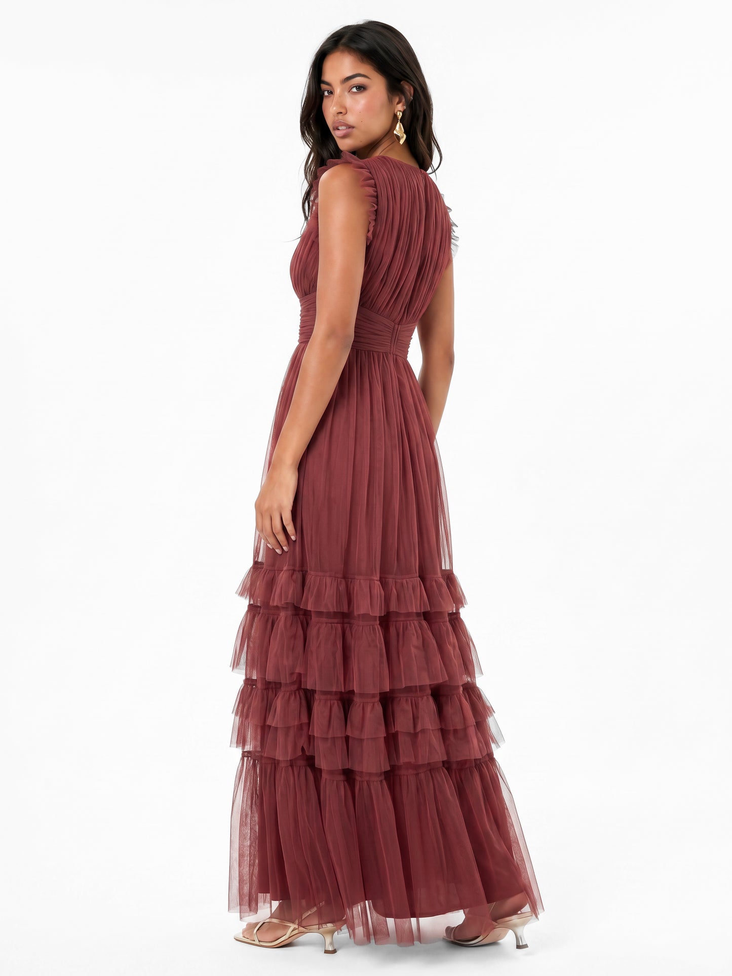 Anaya With Love Recycled Rusted Rose Flutter Sleeve Ruffle Maxi Dress