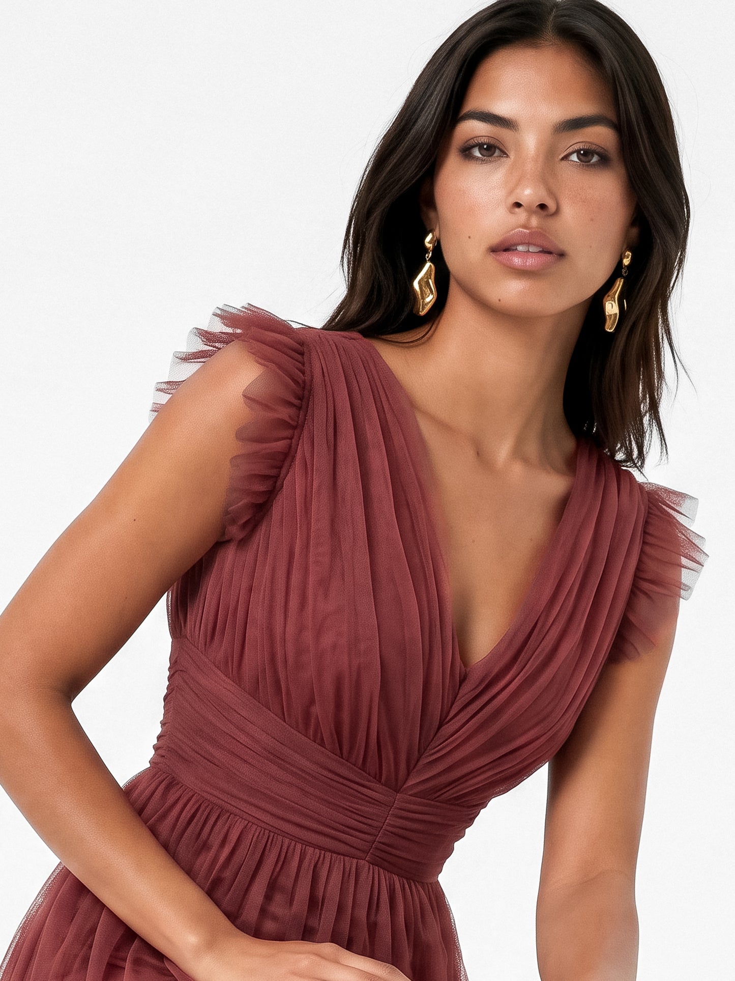 Anaya With Love Recycled Rusted Rose Flutter Sleeve Ruffle Maxi Dress