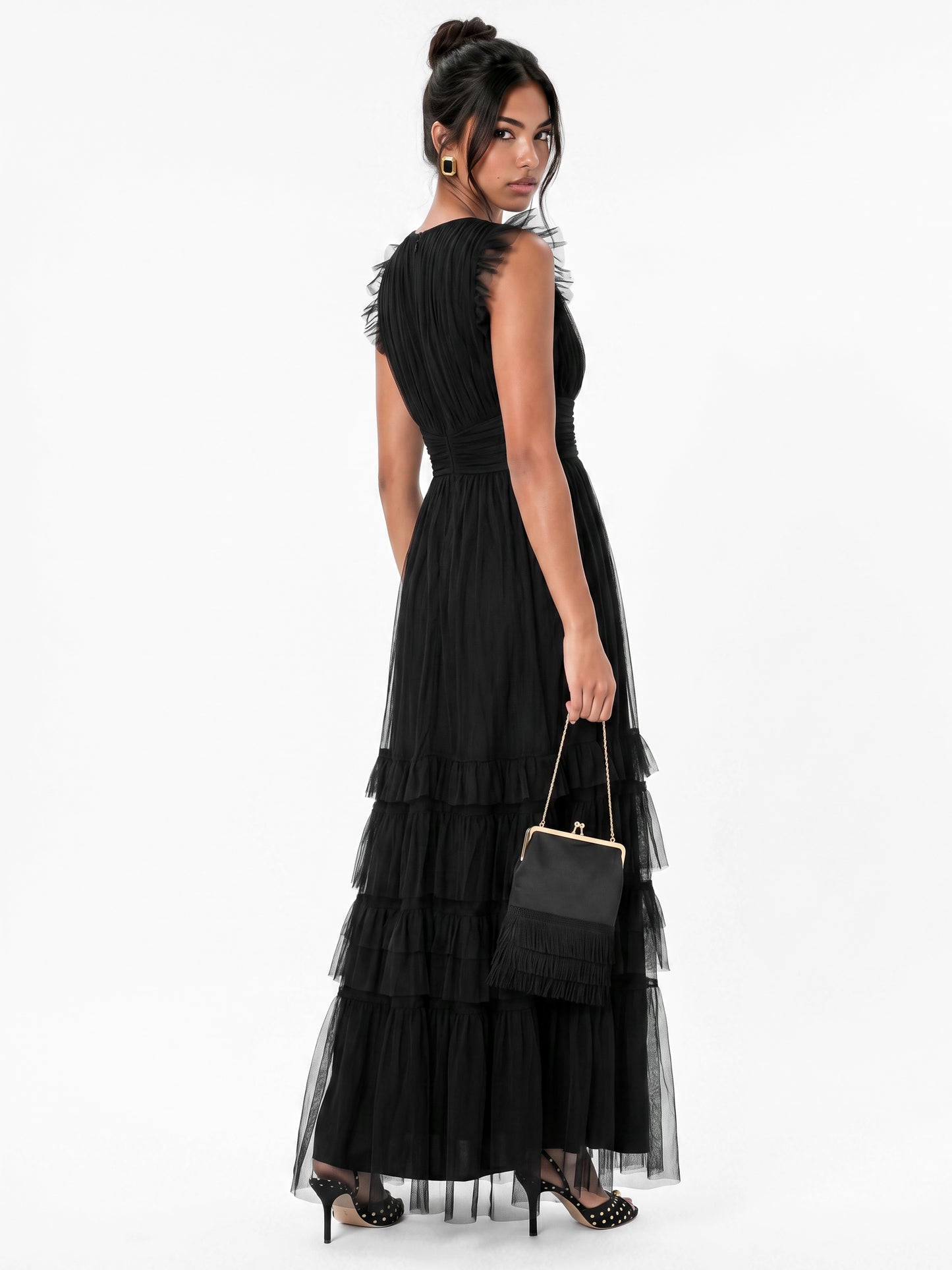 Anaya With Love Recycled Black Flutter Sleeve Ruffle Maxi Dress