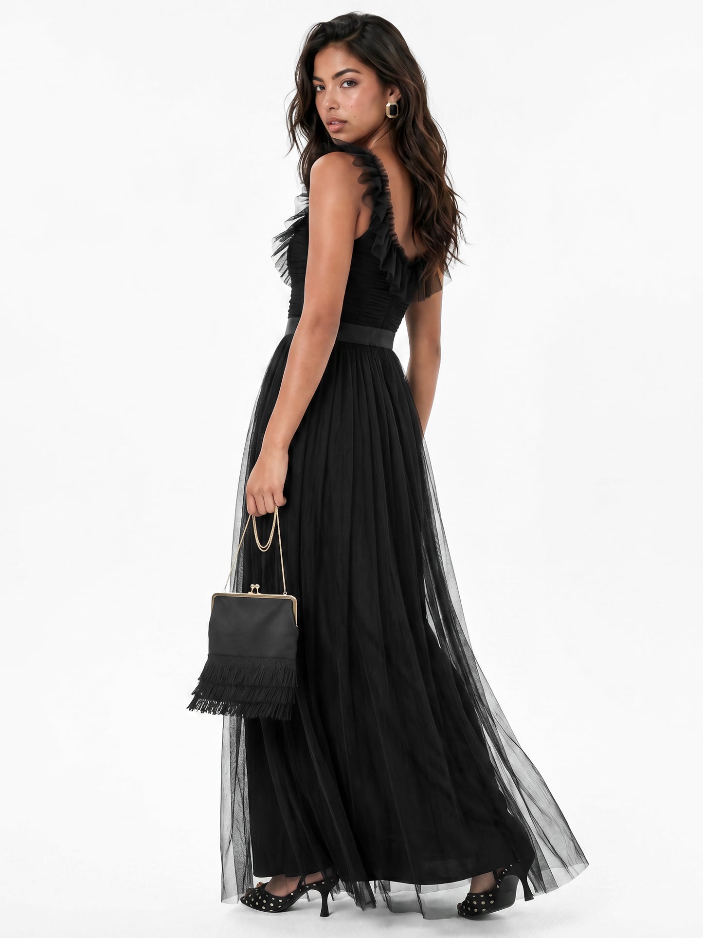Anaya With Love Recycled Black Strappy Ruffle Maxi Dress with Sash Belt