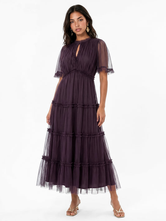 Anaya with Love Recycled Fig Keyhole Detail Short Sleeve Frill Midaxi Dress