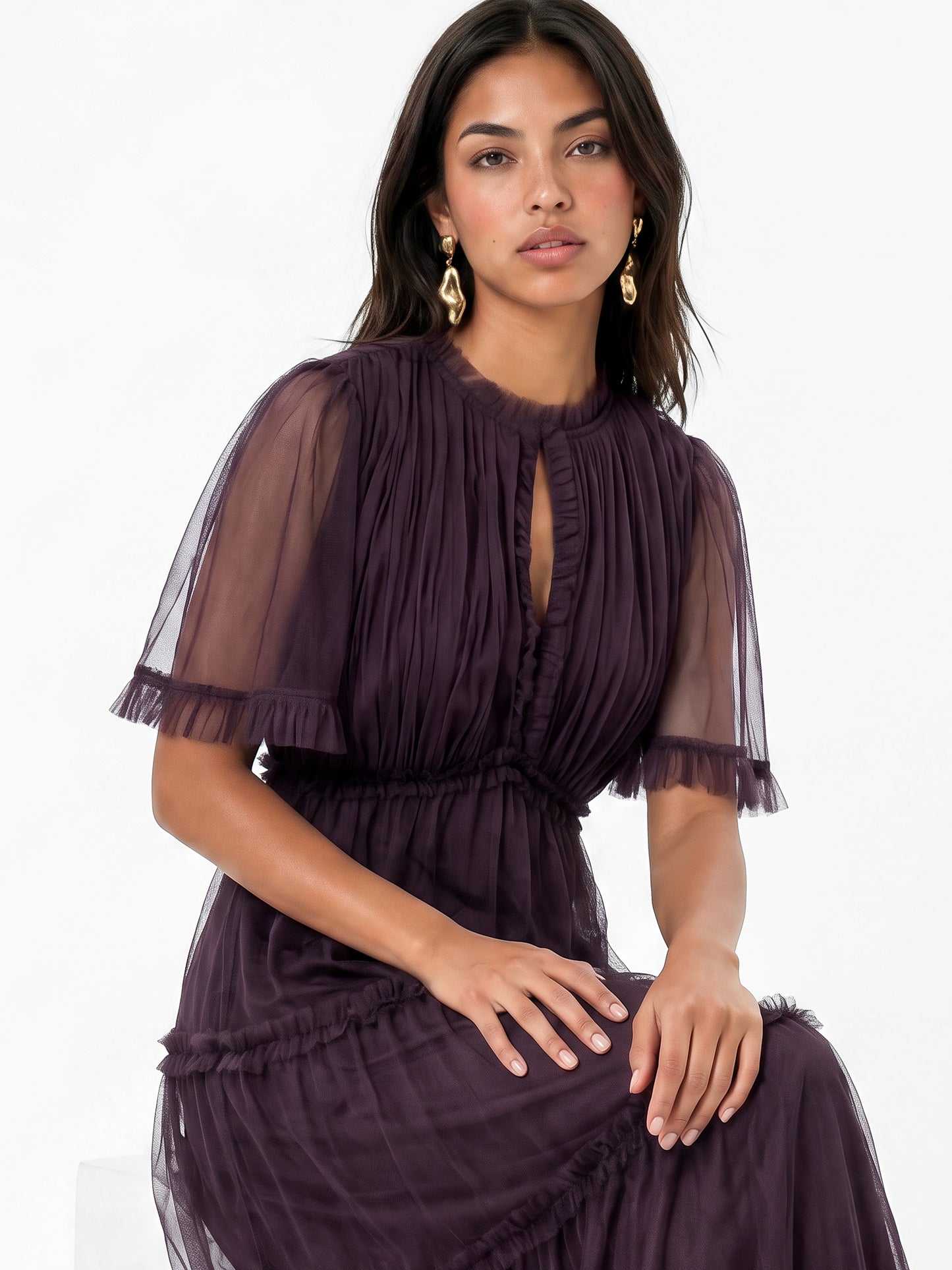 Anaya with Love Recycled Fig Keyhole Detail Short Sleeve Frill Midaxi Dress