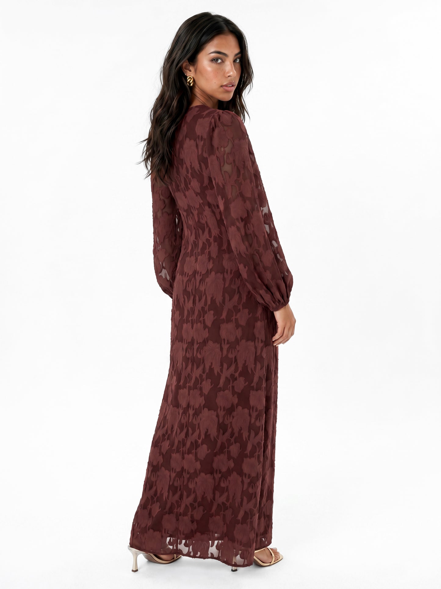 Anaya With Love Recycled Chocolate Floral Burnout Long Sleeve Ruffle Maxi Dress