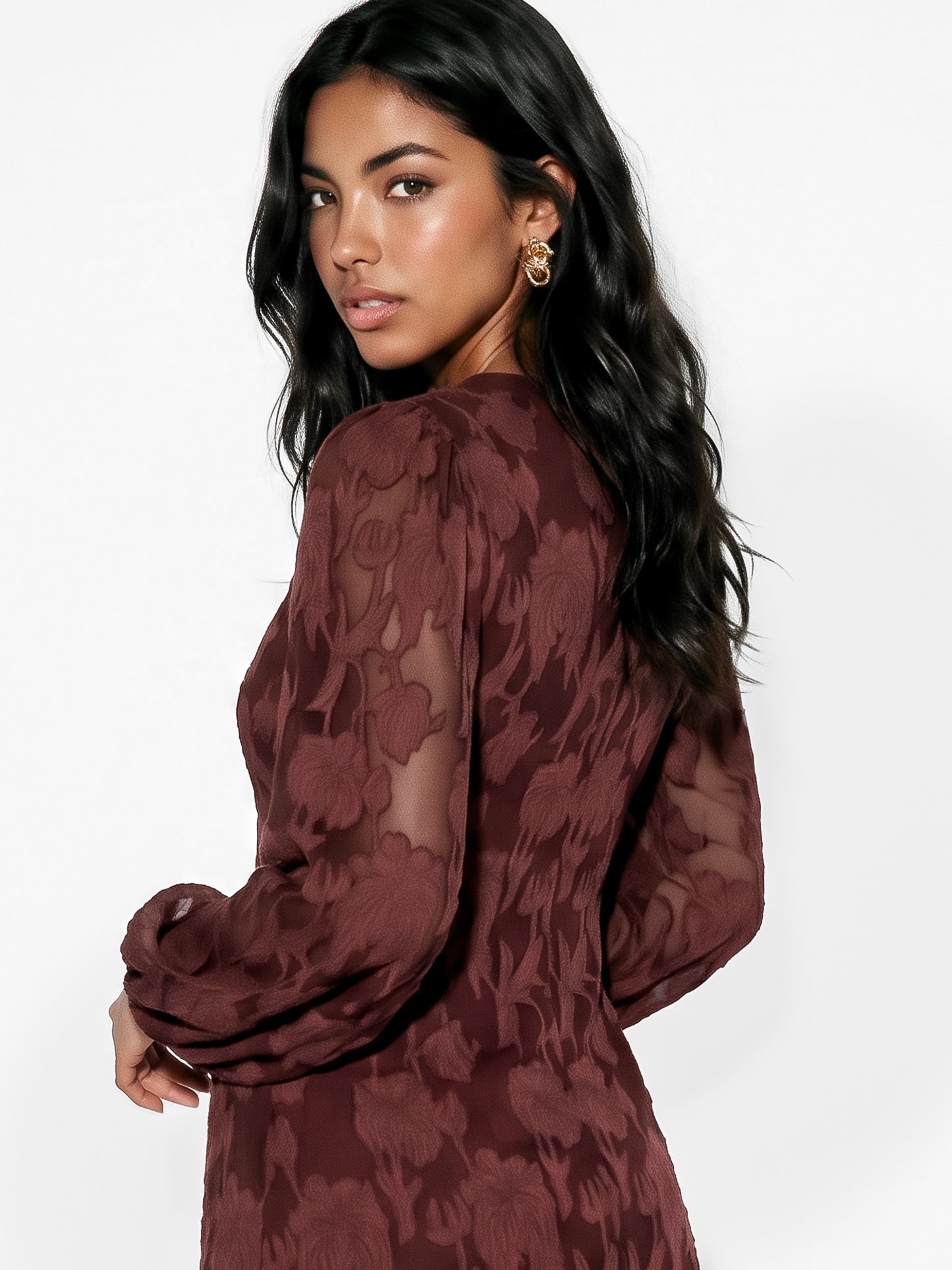 Anaya With Love Recycled Chocolate Floral Burnout Long Sleeve Ruffle Maxi Dress