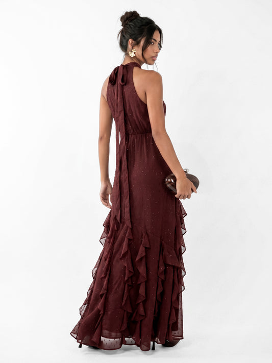 Anaya With Love Recycled Chocolate Halter Neck Waterfall Ruffle Maxi Dress