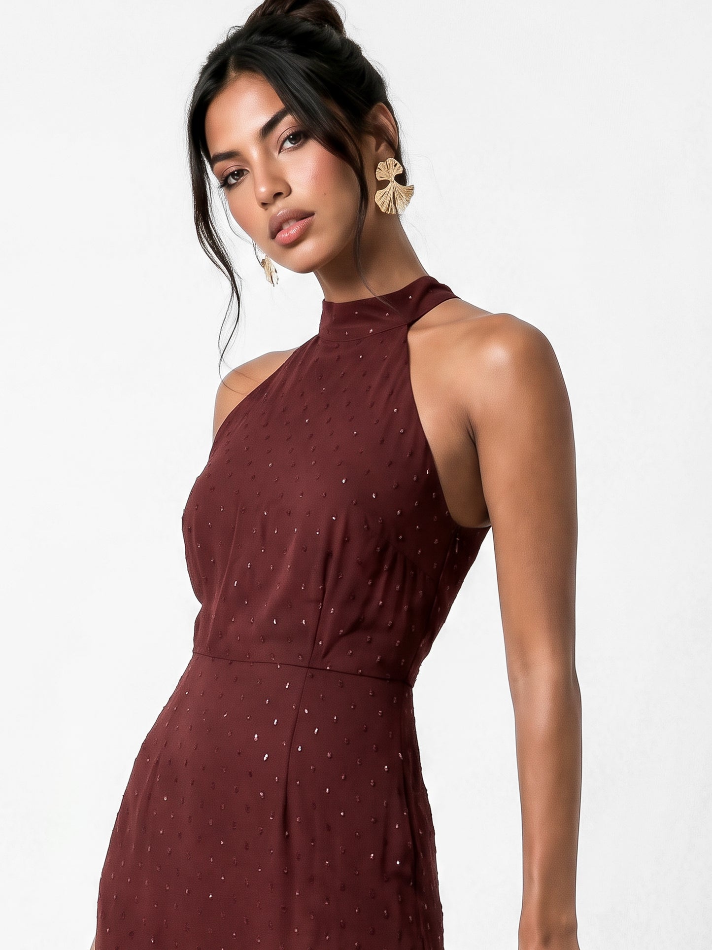 Anaya With Love Recycled Chocolate Halter Neck Waterfall Ruffle Maxi Dress