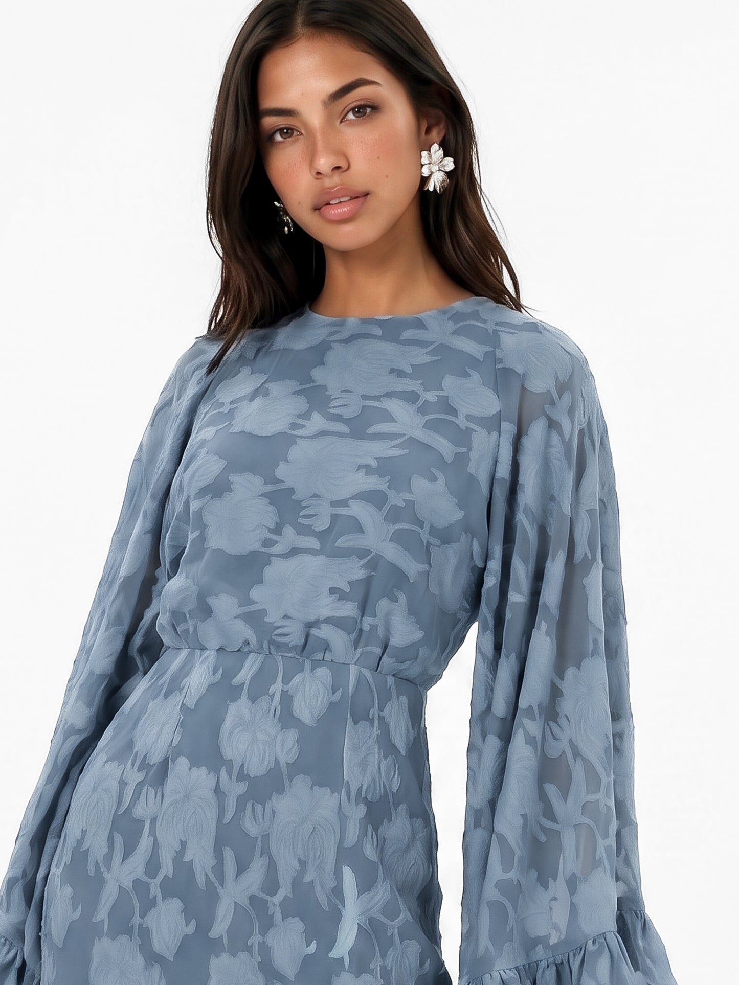 Anaya With Love Recycled Opal Blue Floral Burnout Oversized Ruffle Sleeve Maxi Dress