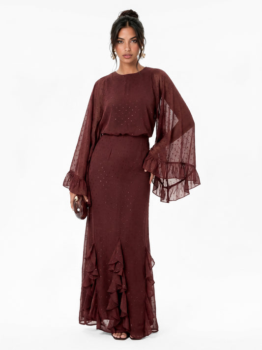 Anaya With Love Recycled Chocolate Oversized Ruffle Sleeve Maxi Dress