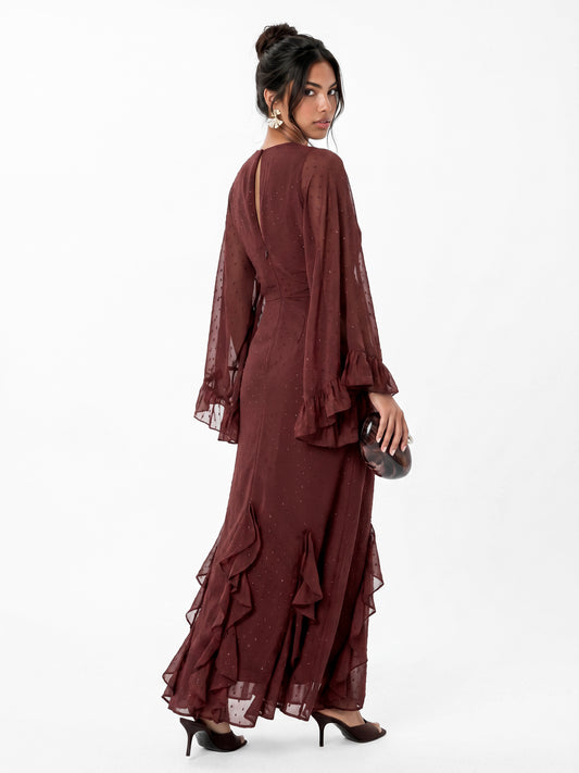 Anaya With Love Recycled Chocolate Oversized Ruffle Sleeve Maxi Dress