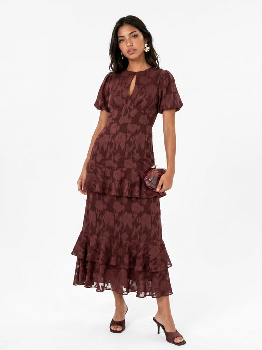 Anaya With Love Recycled Chocolate Floral Burnout Tiered Midaxi Dress