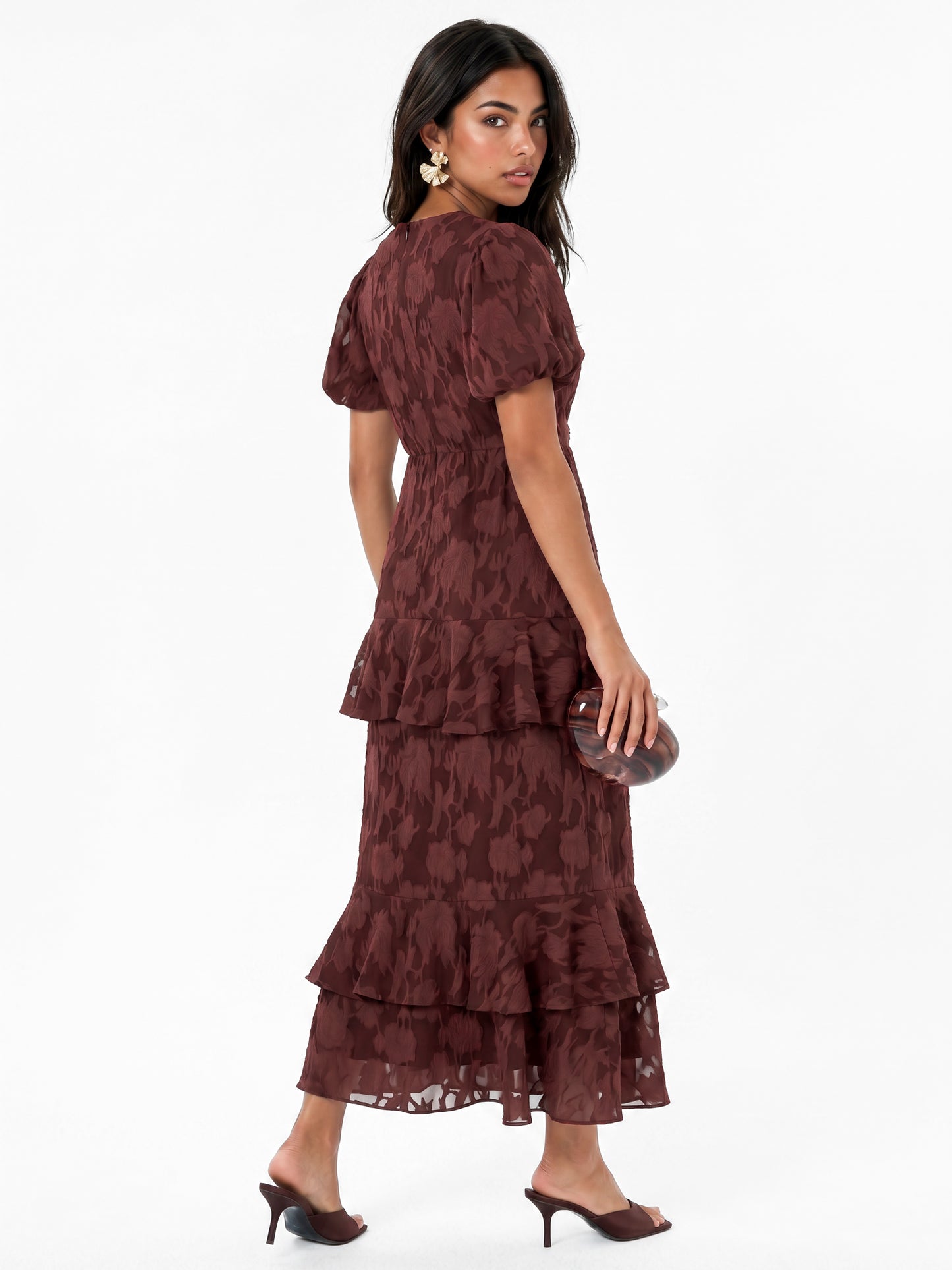 Anaya With Love Recycled Chocolate Floral Burnout Tiered Midaxi Dress