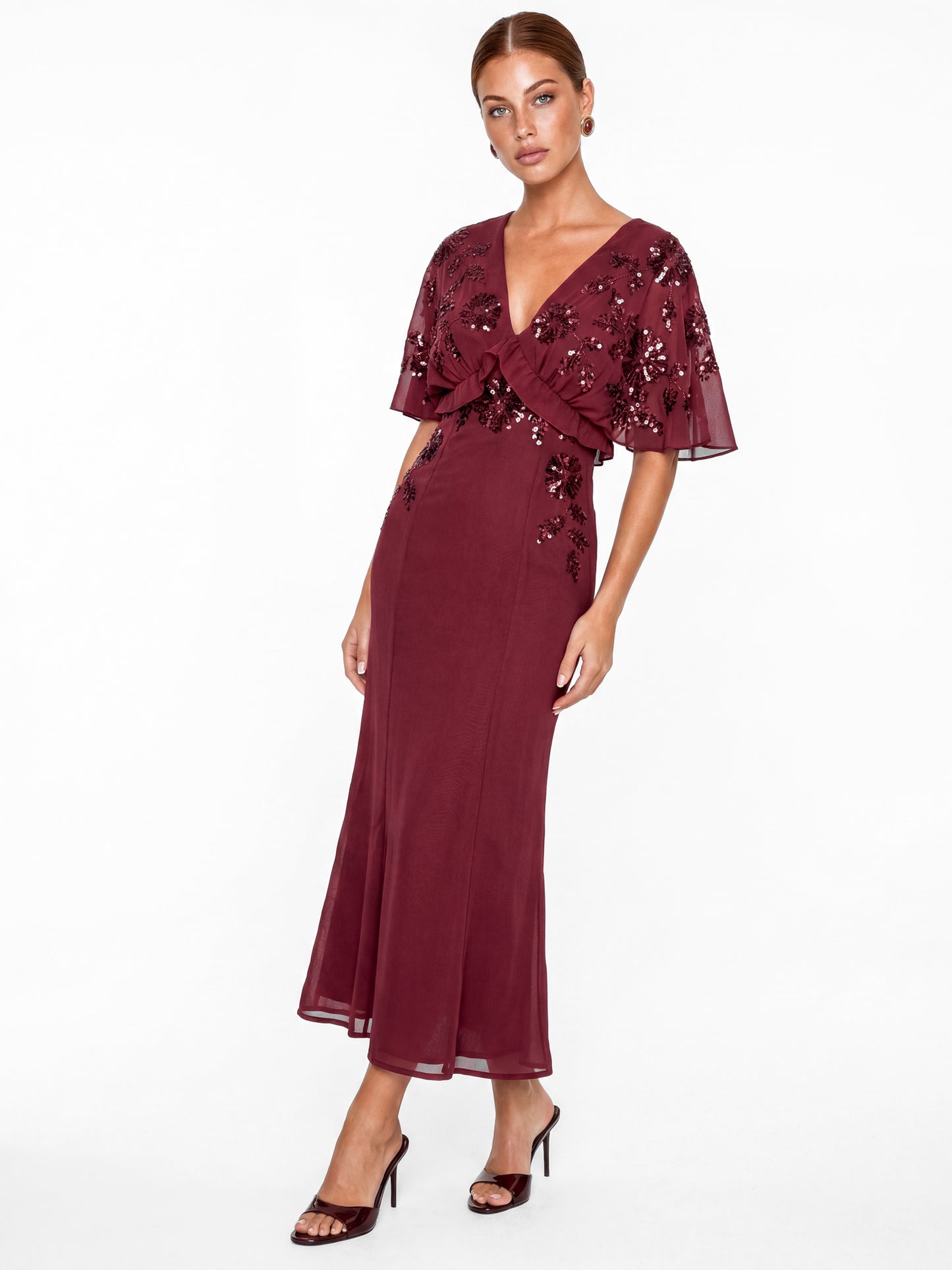 Maya Ruby Floral Embellished Cape Sleeve Midaxi Dress