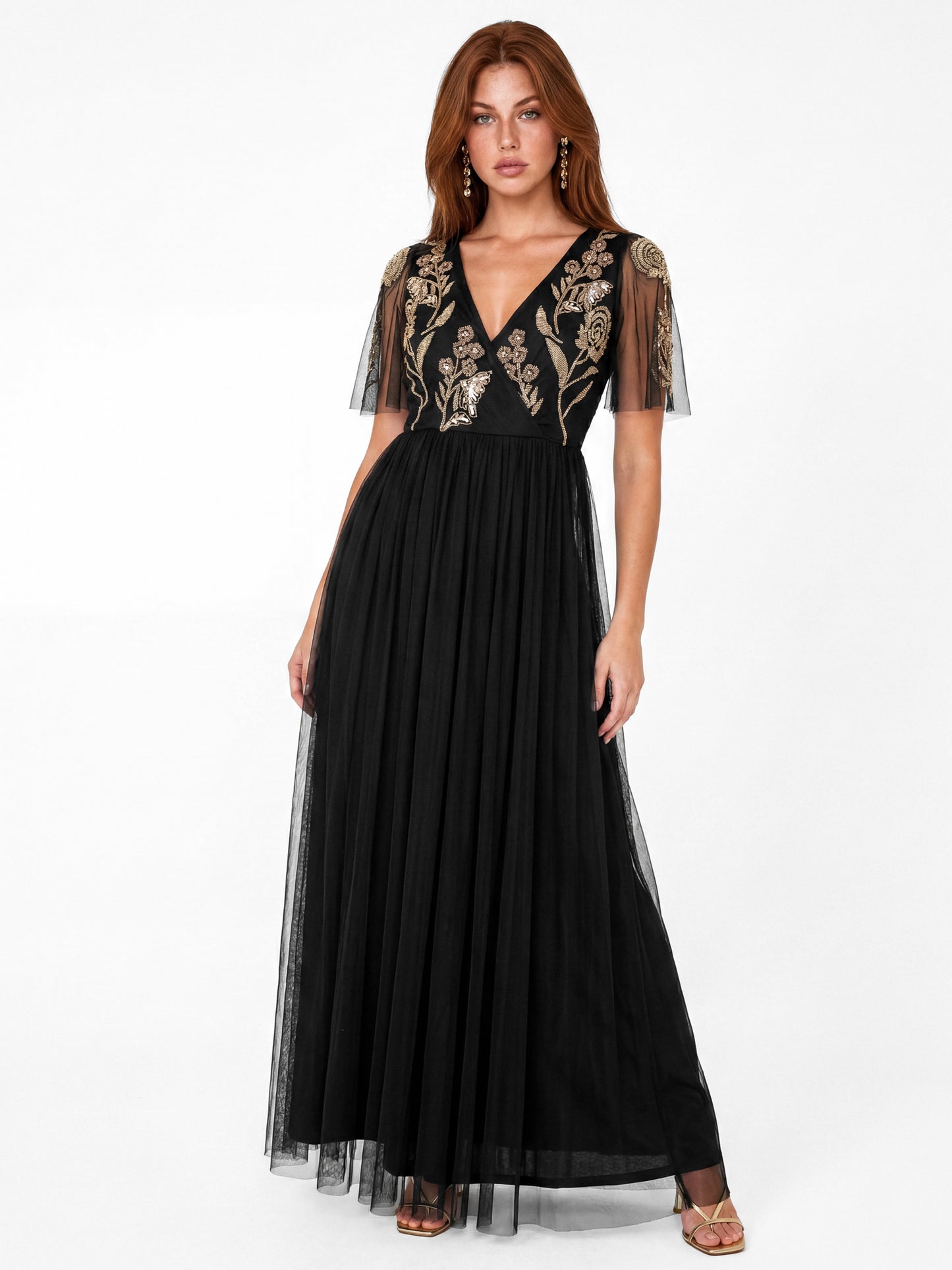 Maya Black Floral Embellished Faux Wrap Tulle Maxi Dress