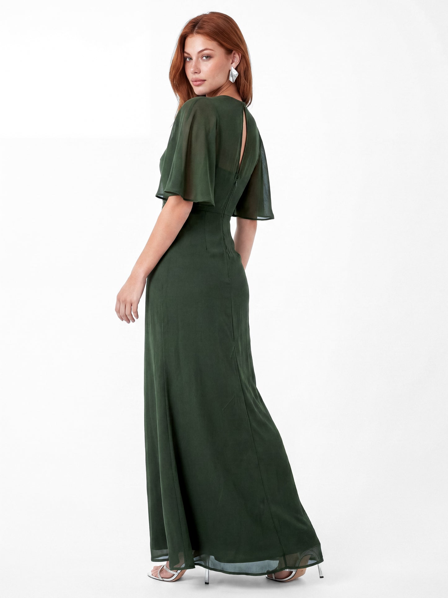Maya Forest Green Floral Embellished Angel Sleeve Maxi Dress