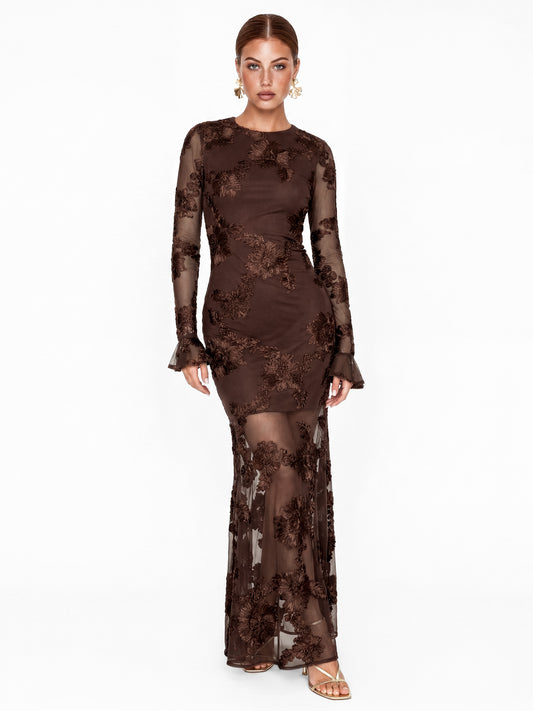 Maya Chocolate 3D Floral Applique Long Sleeve Mesh Maxi Dress
