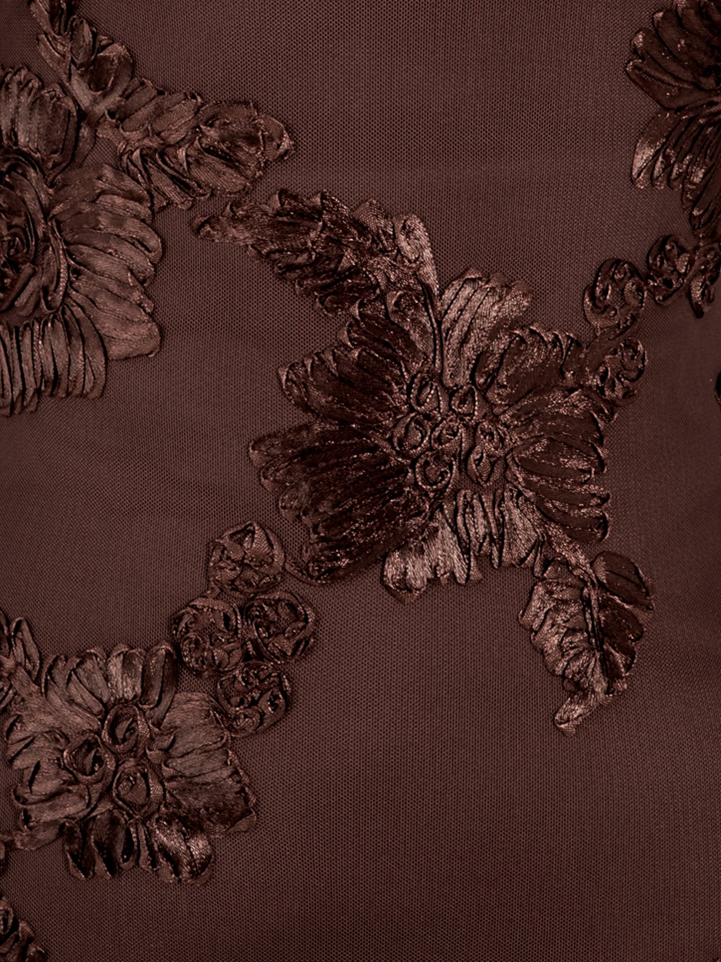 Maya Chocolate 3D Floral Applique Long Sleeve Mesh Maxi Dress