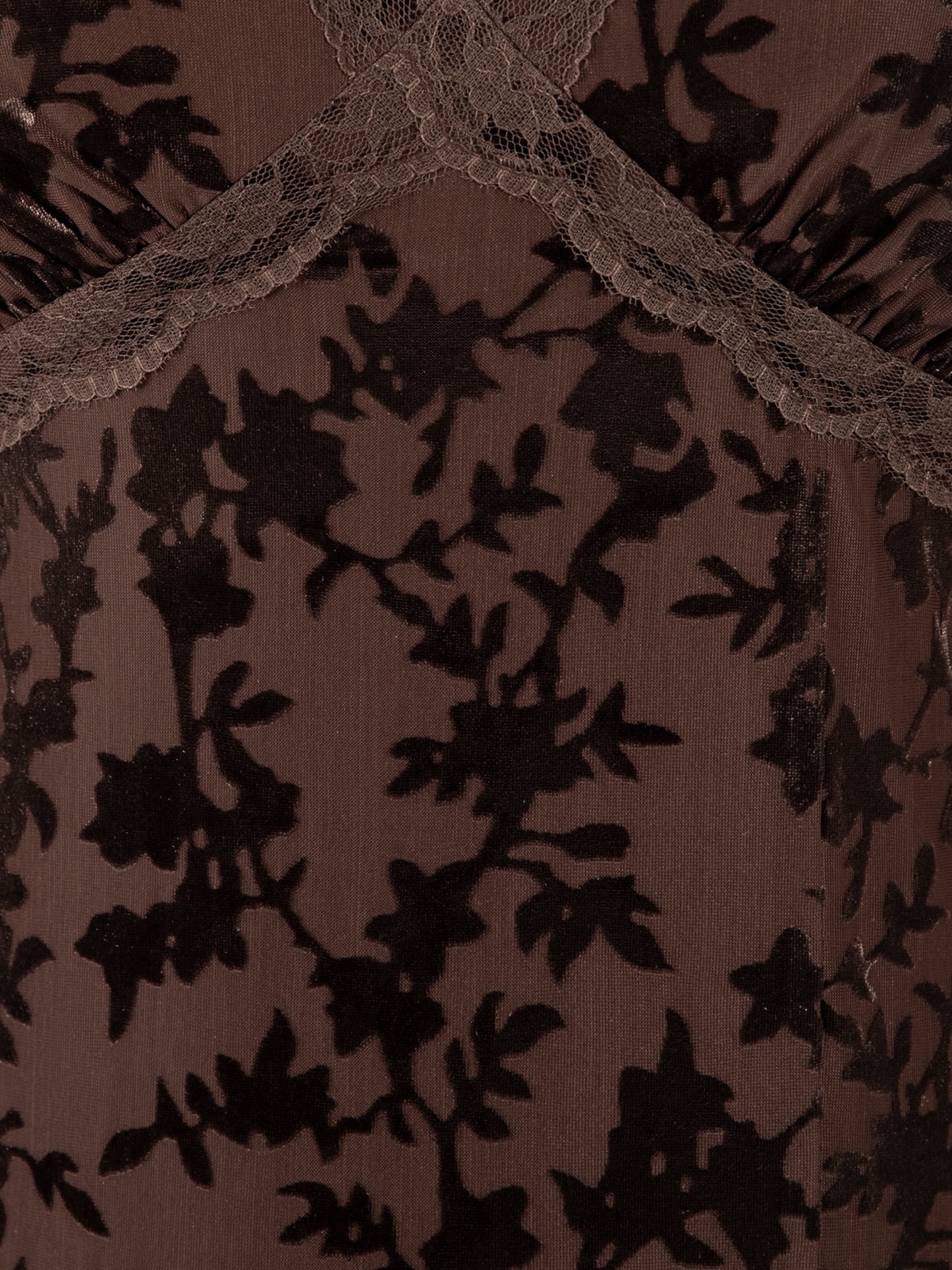 Maya Chocolate Velvet Devore Strappy Maxi Dress with Lace Trims