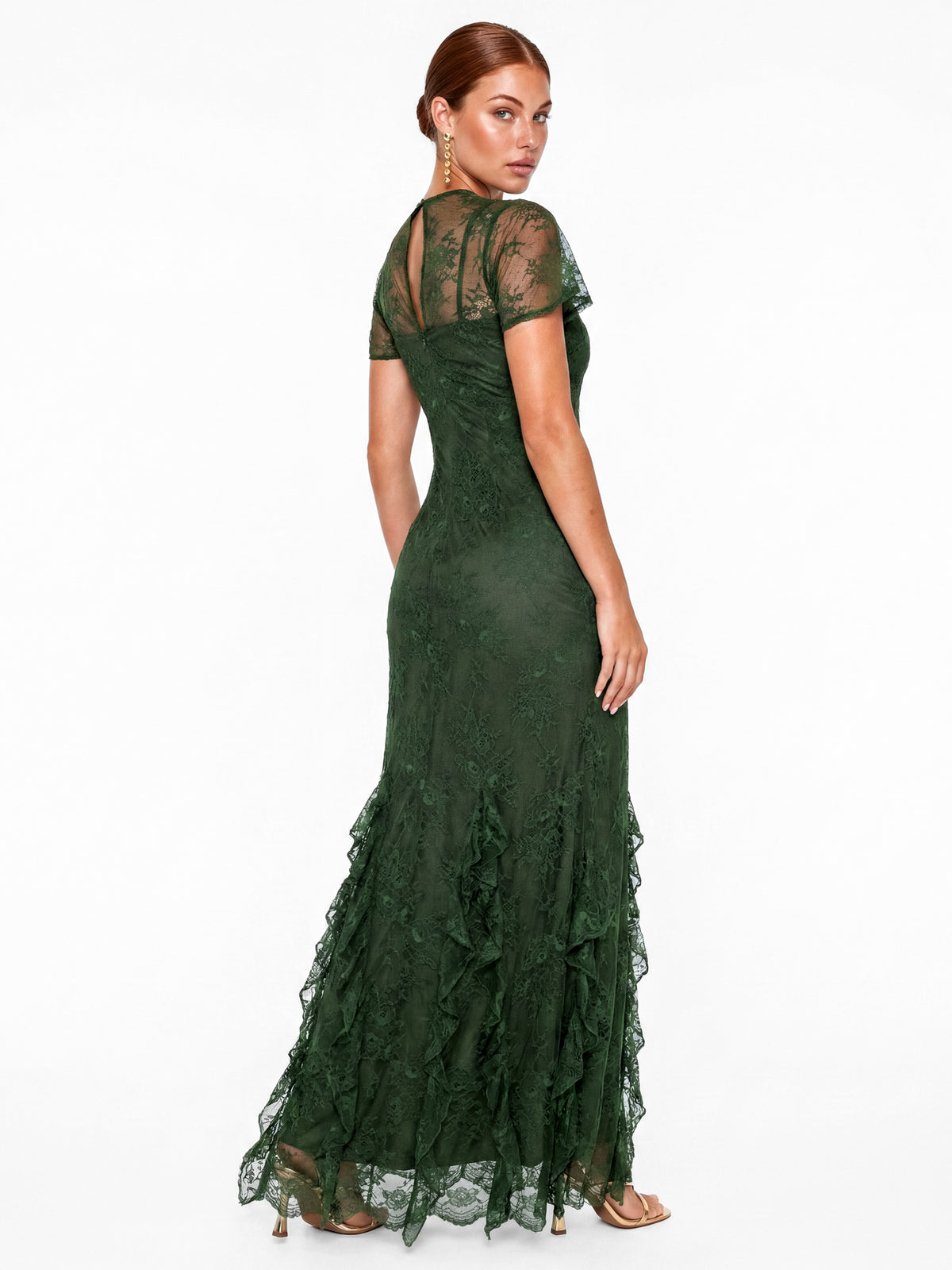 Maya Forest Green Flutter Sleeve Lace Maxi Dress with Ruffle Detail