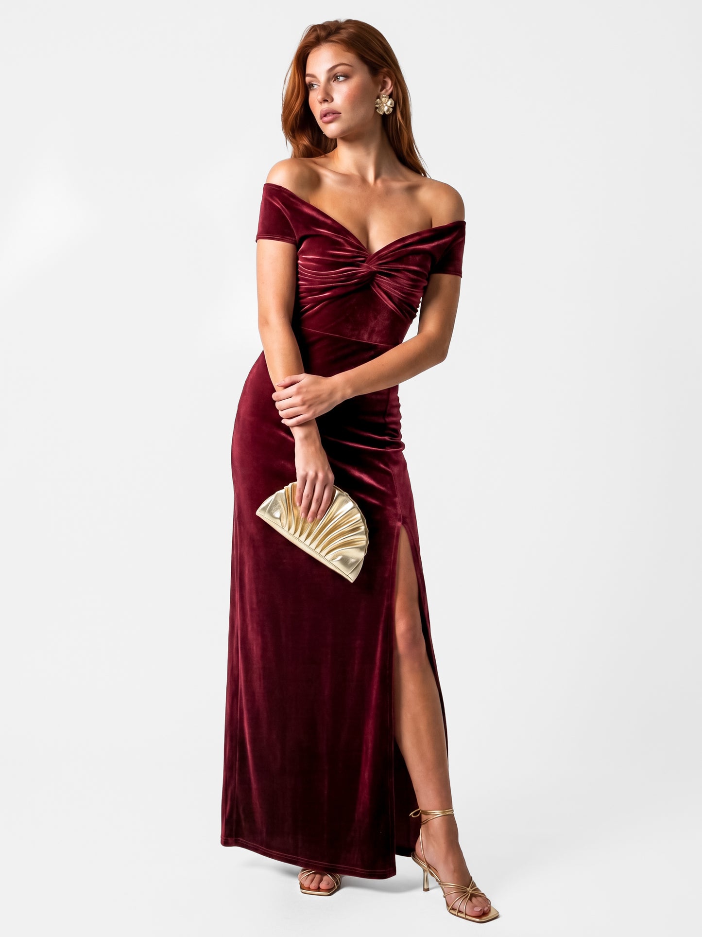 Maya Cranberry Twist Front Bardot Velvet Maxi Dress